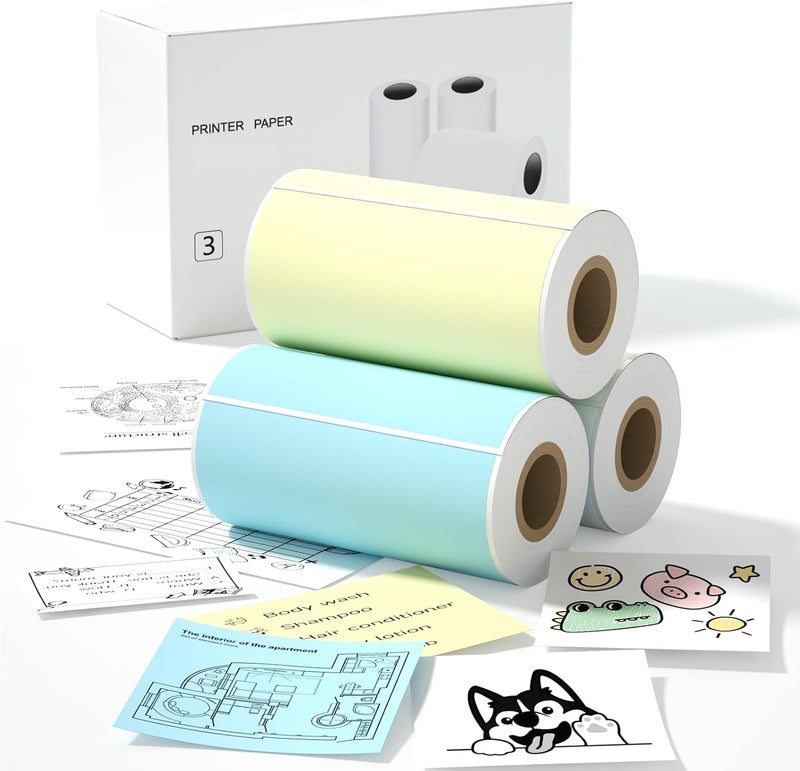 iDPRT S1 S2 M02 T02 Mini Thermal Sticker Paper - 3 Rolls (White Blue Yellow 57x29mm, 3.5m/Roll) for Instant Cameras and Label Printer - Refill for Kids' Pocket Printer, Mini Photo Labels, To-do Lists - Image 1